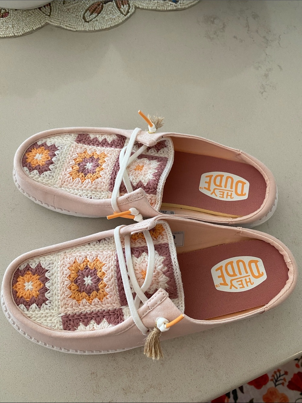 Hey Dude Kids Pink Crochet Slip-Ons with Sunburst Accent